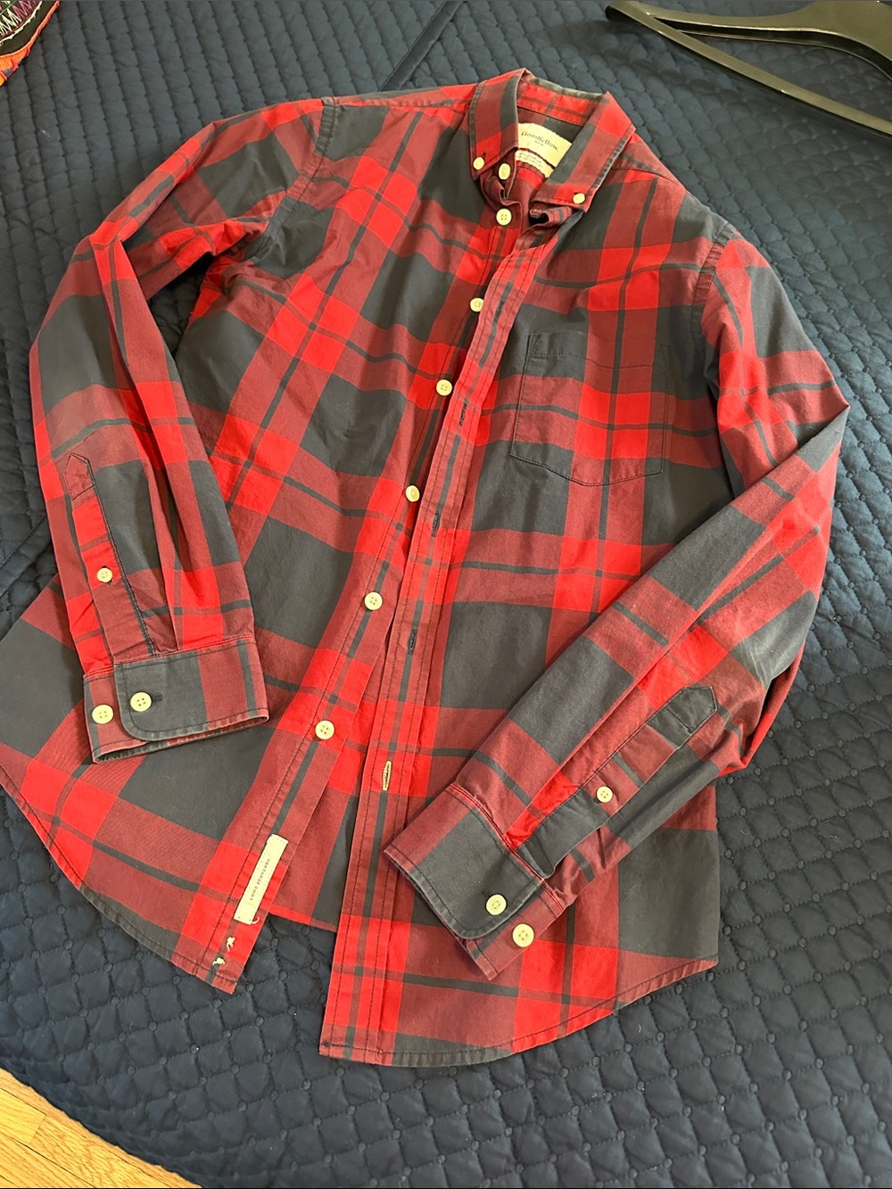Goodfellow & Co Red and Navy Plaid 100% Button-Down Shirt
